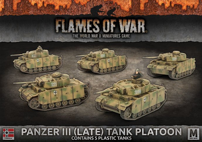 Flames of War: German: Panzer III (Late) Platoon (x5 plastic tanks schurzen)